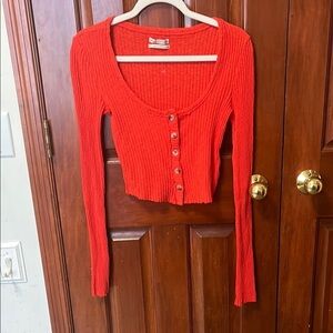 Forever 21 Ribbed Knit Top Button Front Long Sleeve Cropped Red Size L